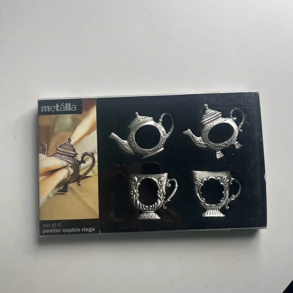 Set Of 4 Metalla Silver Tone Metal Pewter Tea Pot Tea Cup Napkin Rings With Box